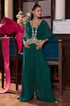 Shop_Seema Thukral_Emerald Green Georgette, Satin Embroidery, Sunaina Embellished Pleated Jumpsuit _Online_at_Aza_Fashions