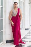 Shop_Seema Thukral_Pink Georgette, Satin, Anmol Embellished Pre-draped Saree Set With Jacket _Online_at_Aza_Fashions