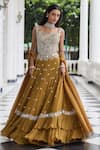 Buy_Seema Thukral_Gold Georgette, Satin, Organza Mirrors, Nidhi Embellished Blouse Lehenga Set _at_Aza_Fashions