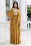 Buy_Seema Thukral_Gold Chiffon Beads, Sequins, Metallic Thread Shipra Embellished Draped Kaftan _at_Aza_Fashions