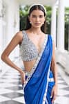 Seema Thukral_Blue Georgette, Organza, Alaya Embellished Pre-draped Saree Set With Jacket _at_Aza_Fashions