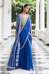 Shop_Seema Thukral_Blue Georgette, Organza, Alaya Embellished Pre-draped Saree Set With Jacket 