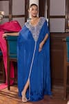 Buy_Seema Thukral_Blue Chiffon, Satin Sequins, Embroidery V-neck Kinaya Embellished Draped Kaftan _at_Aza_Fashions