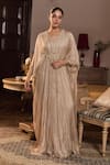Buy_Seema Thukral_Gold Tissue, Satin Beads, Tassels V-neck Kriti Embellished Draped Kaftan _at_Aza_Fashions