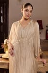Seema Thukral_Gold Tissue, Satin Beads, Tassels V-neck Kriti Embellished Draped Kaftan _Online_at_Aza_Fashions