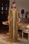 Seema Thukral_Gold Tissue, Satin Mirrors, Beads V-neck Heer Embellished Draped Kaftan _Online_at_Aza_Fashions