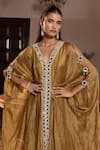 Buy_Seema Thukral_Gold Tissue, Satin Mirrors, Beads V-neck Heer Embellished Draped Kaftan _Online_at_Aza_Fashions