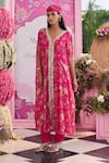 Buy_Seema Thukral_Pink Georgette, Satin Mirrors, Myra Printed Embellished Kaftan And Pant Set _Online_at_Aza_Fashions
