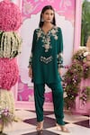 Shop_Seema Thukral_Emerald Green Silk, Satin, Organza Tassels, Beads, Syna Embellished Kurta Set 