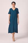 Buy_The Summer House_Blue Silk, Twill V-neck Vega Solid Midi Dress _at_Aza_Fashions