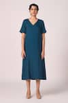Shop_The Summer House_Blue Silk, Twill V-neck Vega Solid Midi Dress _Online_at_Aza_Fashions