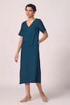 The Summer House_Blue Silk, Twill V-neck Vega Solid Midi Dress _at_Aza_Fashions