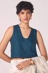 Buy_The Summer House_Blue Silk, Twill Scoop Neck Altair Solid Crop Blouse _Online_at_Aza_Fashions