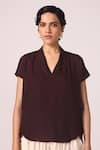 The Summer House_Wine Silk, Twill V-neck Orion Solid Top _Online_at_Aza_Fashions