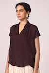 Buy_The Summer House_Wine Silk, Twill V-neck Orion Solid Top _Online_at_Aza_Fashions