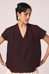 Buy_The Summer House_Wine Silk, Twill V-neck Orion Solid Top _at_Aza_Fashions