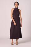 Buy_The Summer House_Wine Silk, Twill Halter Neck Saros Solid Dress _Online_at_Aza_Fashions
