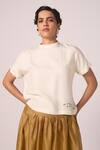 The Summer House_Cream Silk, Twill Embroidery High Neck, Collared Rayya Placed Top _at_Aza_Fashions