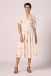 Buy_The Summer House_Cream Cambric, Cotton V-neck Aara Zodiac Print Pleated Midi Dress _at_Aza_Fashions