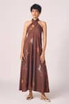 Buy The Summer House Brown Tencel Halter Neck Vannam Zodiac Print Dress at Aza Fashions Buy_The Summer House_Brown Tencel Halter Neck Vannam Zodiac Print Dress _at_Aza_Fashions
