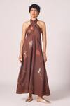 The Summer House Brown Tencel Halter Neck Vannam Zodiac Print Dress at Aza Fashions The Summer House_Brown Tencel Halter Neck Vannam Zodiac Print Dress _at_Aza_Fashions