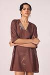 Buy_The Summer House_Brown Tencel V-neck Stad Zodiac Print Shift Dress _at_Aza_Fashions