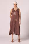 Buy_The Summer House_Brown Tencel V-neck Saira Zodiac Print Midi Dress _Online_at_Aza_Fashions