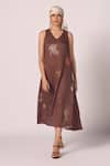 The Summer House_Brown Tencel V-neck Saira Zodiac Print Midi Dress _at_Aza_Fashions