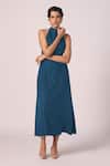 Buy_The Summer House_Blue Silk, Twill Halter Neck Saros Solid Dress _at_Aza_Fashions