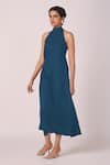 Buy_The Summer House_Blue Silk, Twill Halter Neck Saros Solid Dress _Online_at_Aza_Fashions