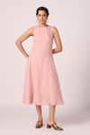 Buy_The Summer House_Pink Linen Round Neck Pyxis Rose Solid Midi Dress _at_Aza_Fashions