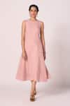 Shop_The Summer House_Pink Linen Round Neck Pyxis Rose Solid Midi Dress _Online_at_Aza_Fashions
