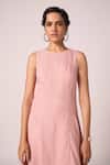 The Summer House_Pink Linen Round Neck Pyxis Rose Solid Midi Dress _at_Aza_Fashions