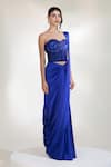 Shop_Libas Cafe by Nidhi & Ashish_Blue Satin, Net Stones Armour Pre-draped Saree With Embroidered Corset _at_Aza_Fashions