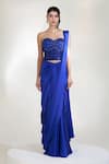 Buy_Libas Cafe by Nidhi & Ashish_Blue Satin, Net Stones Armour Pre-draped Saree With Embroidered Corset _at_Aza_Fashions