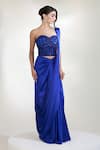 Libas Cafe by Nidhi & Ashish_Blue Satin, Net Stones Armour Pre-draped Saree With Embroidered Corset _Online_at_Aza_Fashions