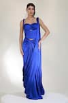 Buy_Libas Cafe by Nidhi & Ashish_Blue Satin Sweetheart Neck Cobalt Command Pre-draped Saree With Corset _at_Aza_Fashions