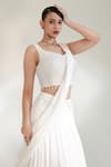Shop_Libas Cafe by Nidhi & Ashish_White Crepe Pearls, Embroidery V-, Scoop Mist Lehenga Saree Set _Online_at_Aza_Fashions