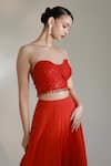 Shop_Libas Cafe by Nidhi & Ashish_Red Net, Satin Sequins, Beads Sweetheart Crimson Embroidered Bustier Lehenga Set _Online_at_Aza_Fashions