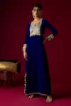 Buy_RAYASHA KHAN_Blue Velvet Embroidery, Sequins Split V-neck Lyla Kaftan _at_Aza_Fashions
