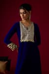 RAYASHA KHAN_Blue Velvet Embroidery, Sequins Split V-neck Lyla Kaftan _Online_at_Aza_Fashions