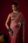 RAYASHA KHAN_Pink Tissue, Silk, Satin Crystals, Zari Halter Neck Suhoor Saree With Blouse _Online_at_Aza_Fashions