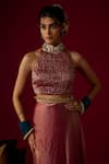 Buy_RAYASHA KHAN_Pink Tissue, Silk, Satin Crystals, Zari Halter Neck Suhoor Saree With Blouse _Online_at_Aza_Fashions