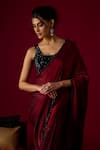 RAYASHA KHAN_Burgundy Tissue, Silk, Velvet, Satin Crystals, Lumina Saree With Blouse _Online_at_Aza_Fashions