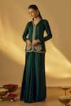 Buy_RAYASHA KHAN_Emerald Green Satin Embroidery, Metallic Thread V-neck Jacket With Draped Skirt _at_Aza_Fashions
