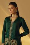RAYASHA KHAN_Emerald Green Satin Embroidery, Metallic Thread V-neck Jacket With Draped Skirt _Online_at_Aza_Fashions