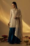 RAYASHA KHAN_Beige Tissue, Organza Zari, Embroidery, Fringe Split V-neck Kurta Gharara Set _Online_at_Aza_Fashions