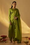 RAYASHA KHAN_Green Silk, Organza Tassels, Sequins Split V-neck Mehendi Kurta Set _Online_at_Aza_Fashions