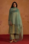 Buy_Rhua_Blue Tissue, Organza Embroidery Keyhole Neck, Handwoven Banarasi Kurta Set _at_Aza_Fashions