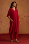 Buy_Rhua_Red Silk V-neck Pure Kurta And Pant Set _Online_at_Aza_Fashions
